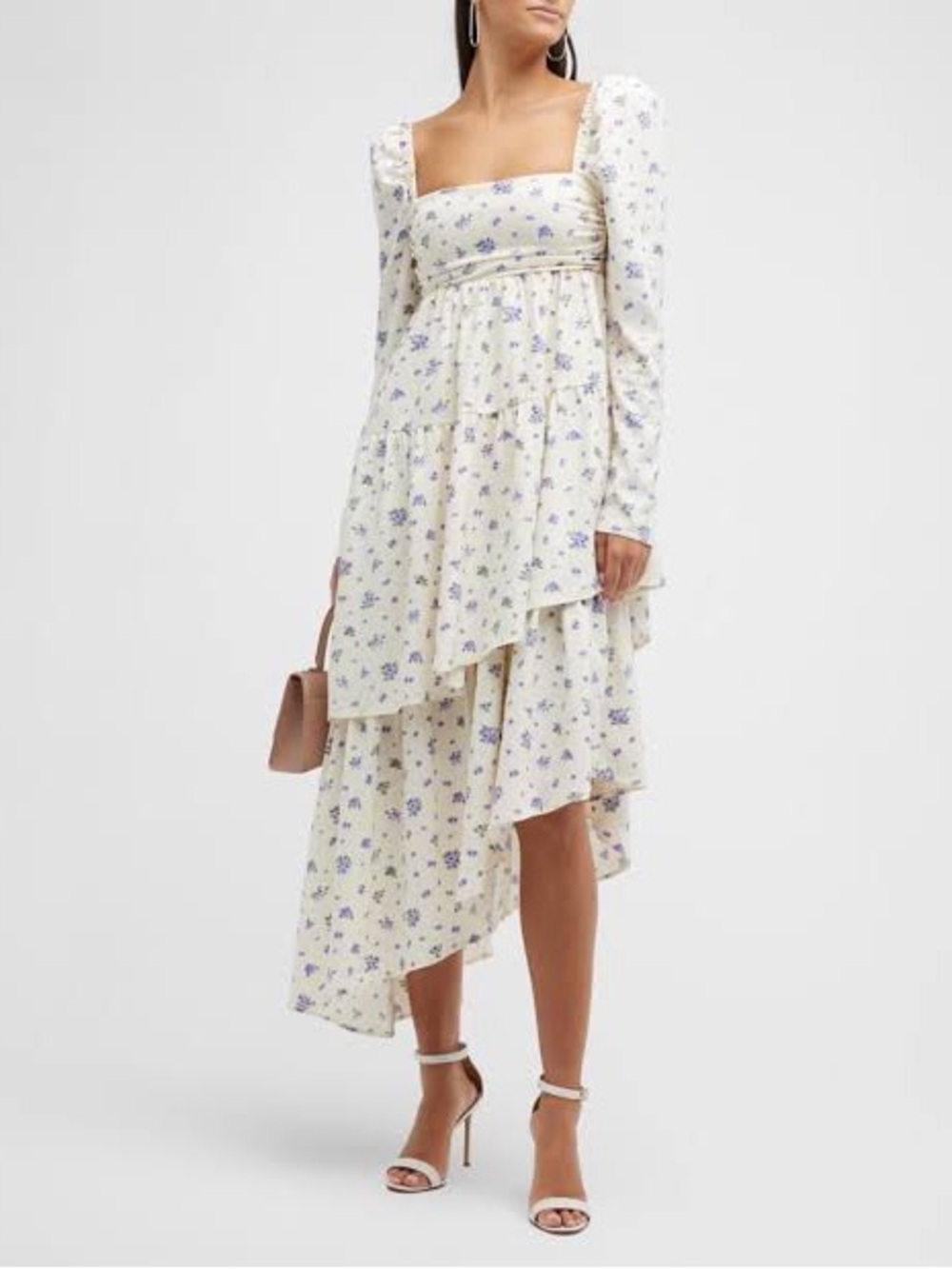 We Wore What Puff Sleeve Floral Asymmetrical Tiered Maxi Dress White Womens Sz 2